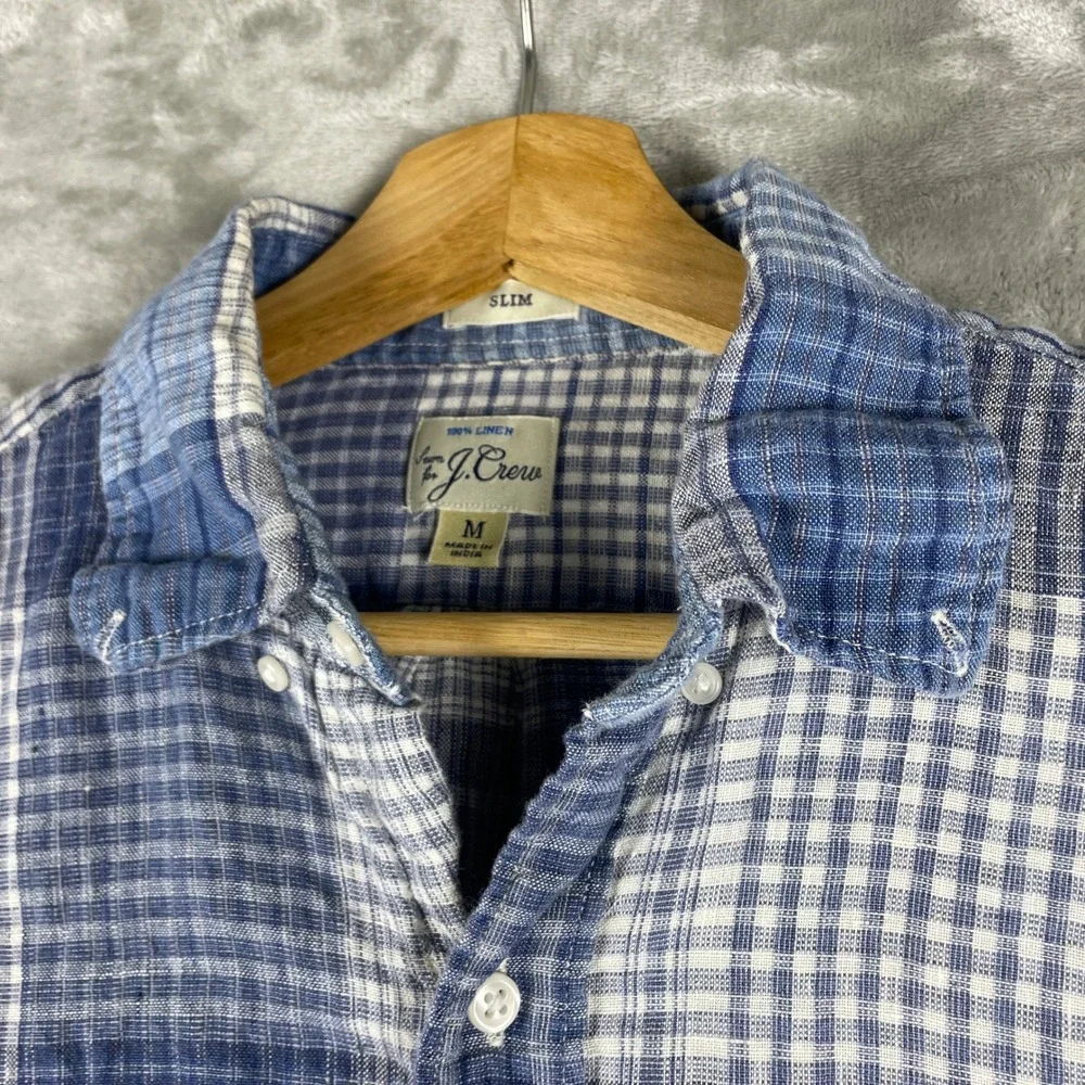 J. Crew Button Down Shirt Mens M Blue Plaid Slim Fit 100% Linen Long Sleeve